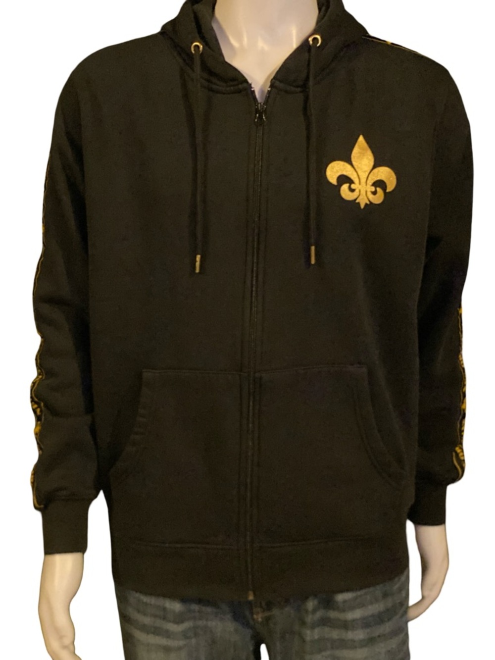 New Orleans Hoodie Full Zip Black Gold Fleur De Lis Men’s Large